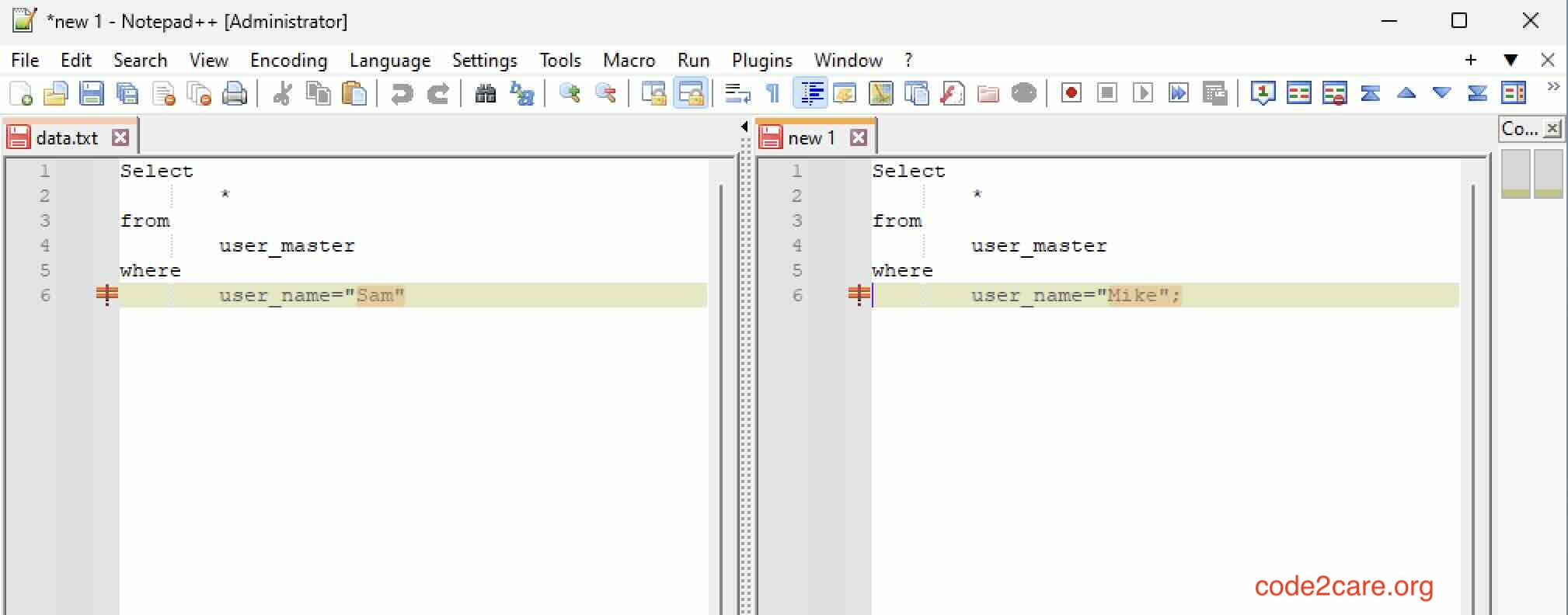 Notepad++ Compare two SQL Queries Example